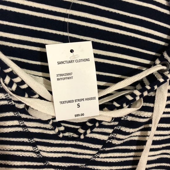 Sanctuary Textured Stripe Hoodie Small NWT Navy Cream Lace-Up Pullover - Picture 4 of 7